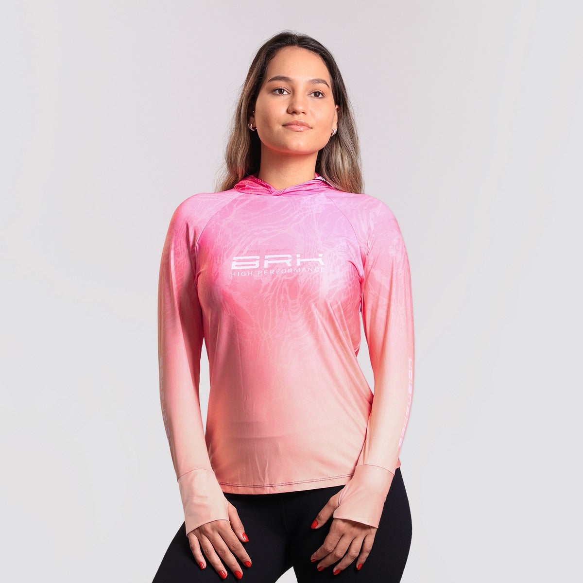 Camisa FusionX Feminina Brk Clean Efeito Água Laranja Rosa com Capuz e Proteção Solar UV50+ - Brk Agro