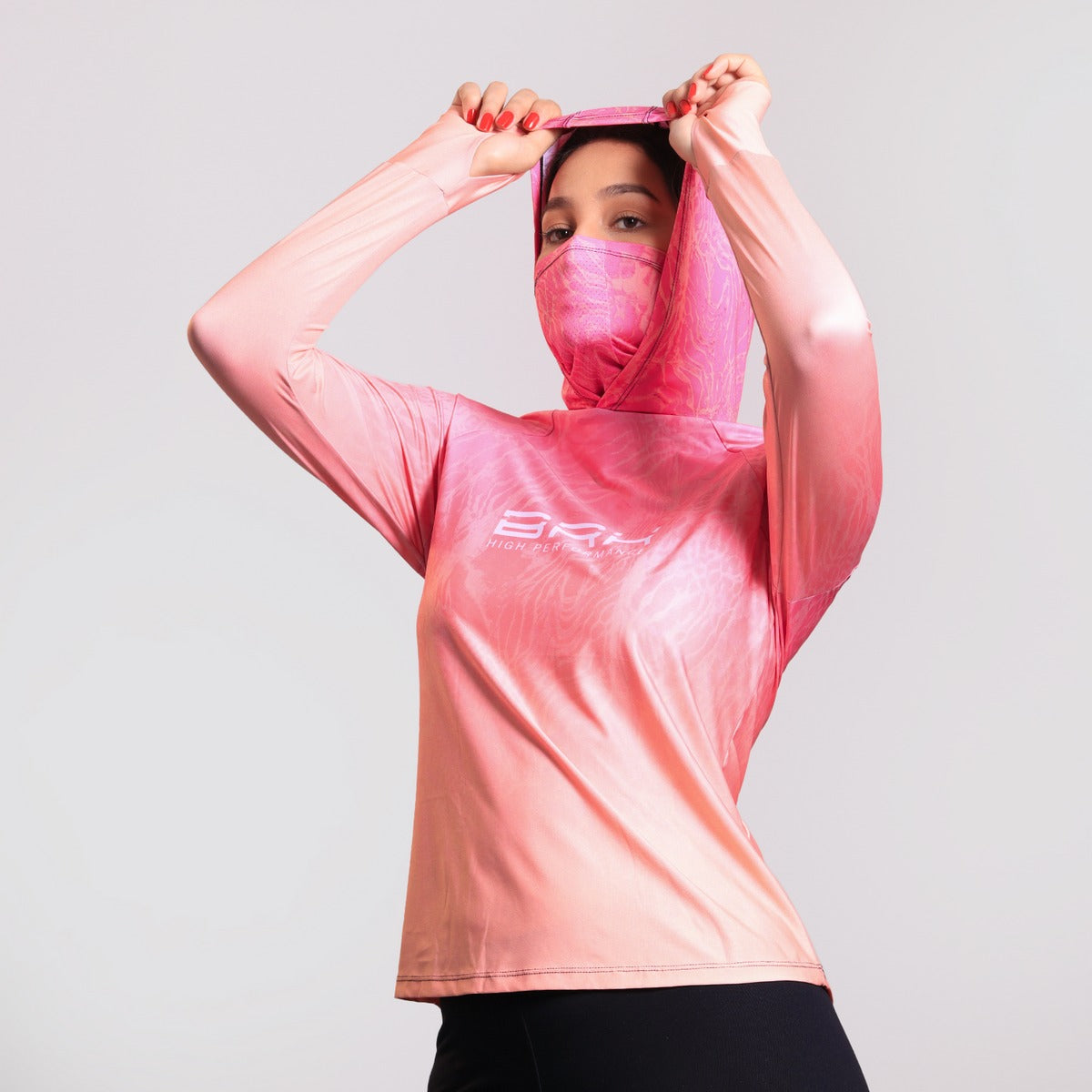 Camisa FusionX Feminina Brk Clean Efeito Água Laranja Rosa com Capuz e Proteção Solar UV50+ - Brk Agro