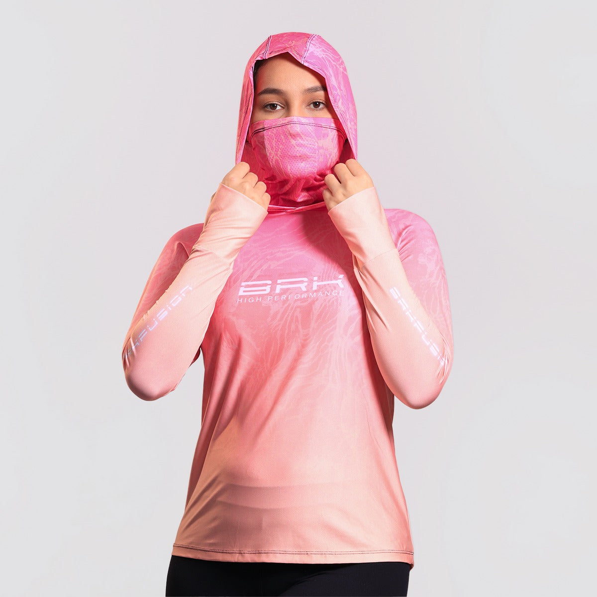 Camisa FusionX Feminina Brk Clean Efeito Água Laranja Rosa com Capuz e Proteção Solar UV50+ - Brk Agro