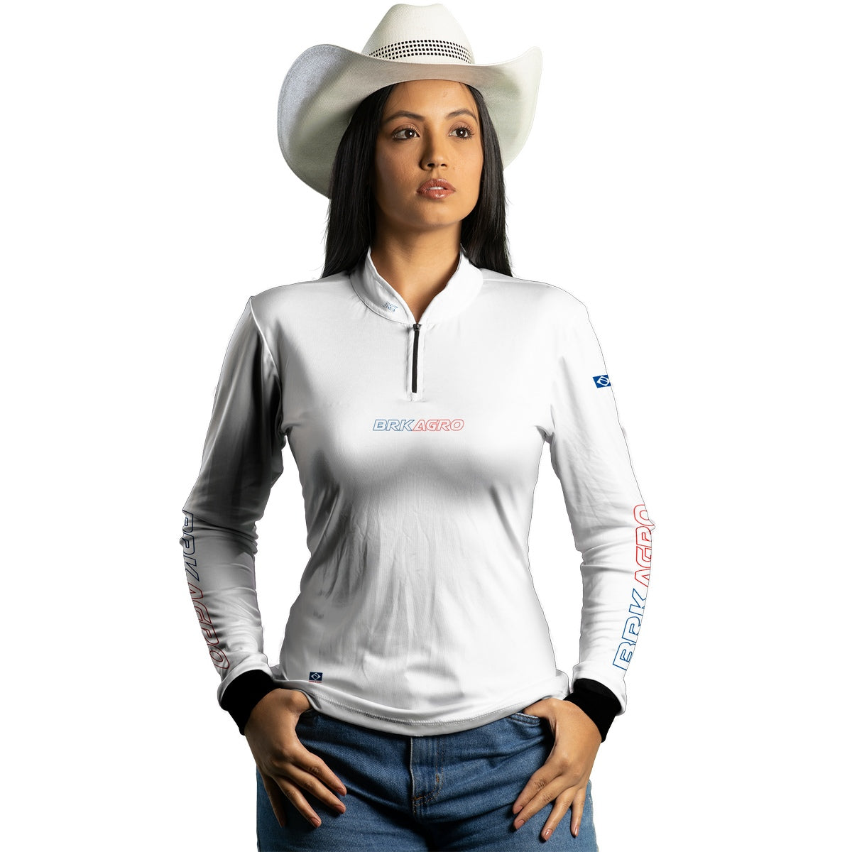 Camisa Agro Feminina Brk Branca Azul e Vermelha com Proteção Solar UV50+ - Brk Agro