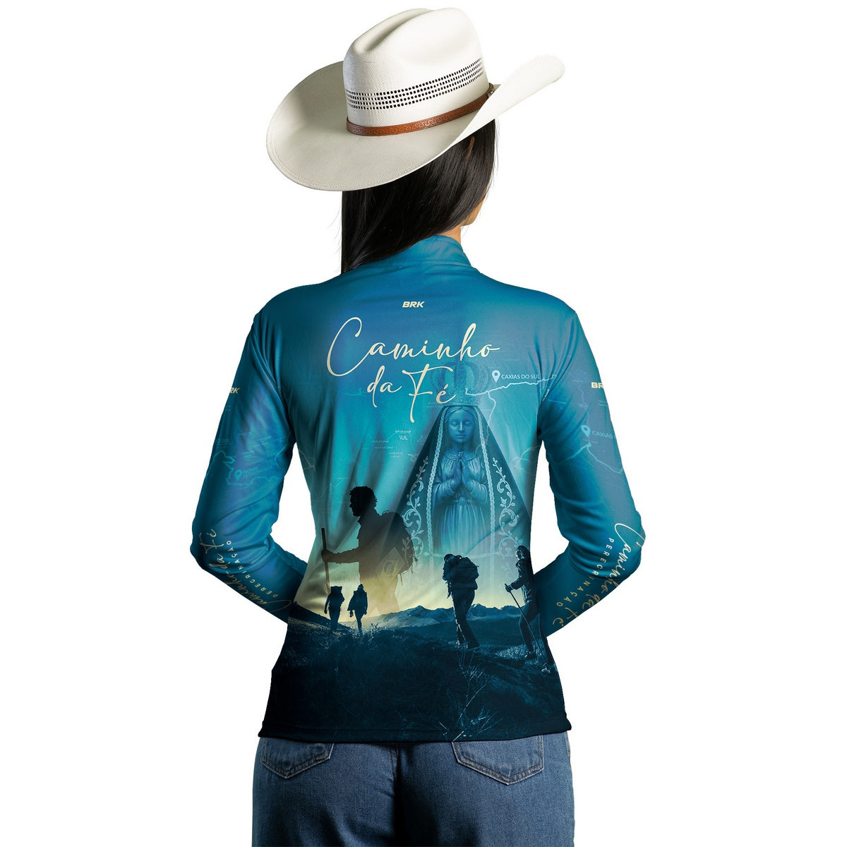 Camisa Feminina Brk Caminho da Fé Peregrinação Nossa Senhora com Proteção Solar UV50+ - Brk Agro