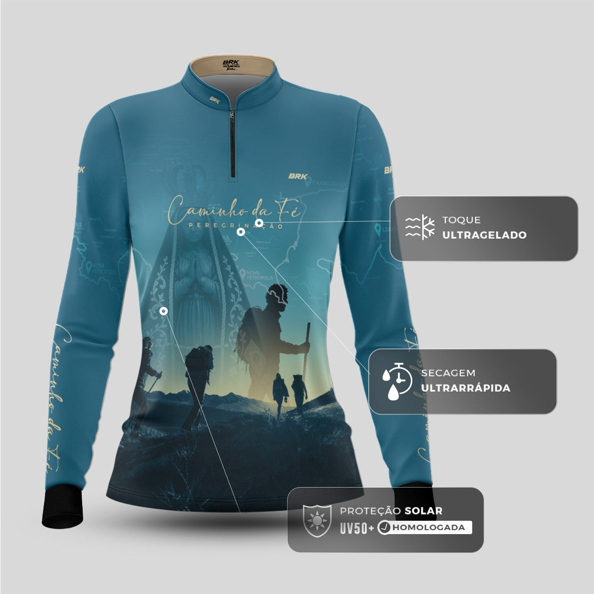 Camisa Feminina Brk Caminho da Fé Peregrinação Nossa Senhora com Proteção Solar UV50+ - Brk Agro