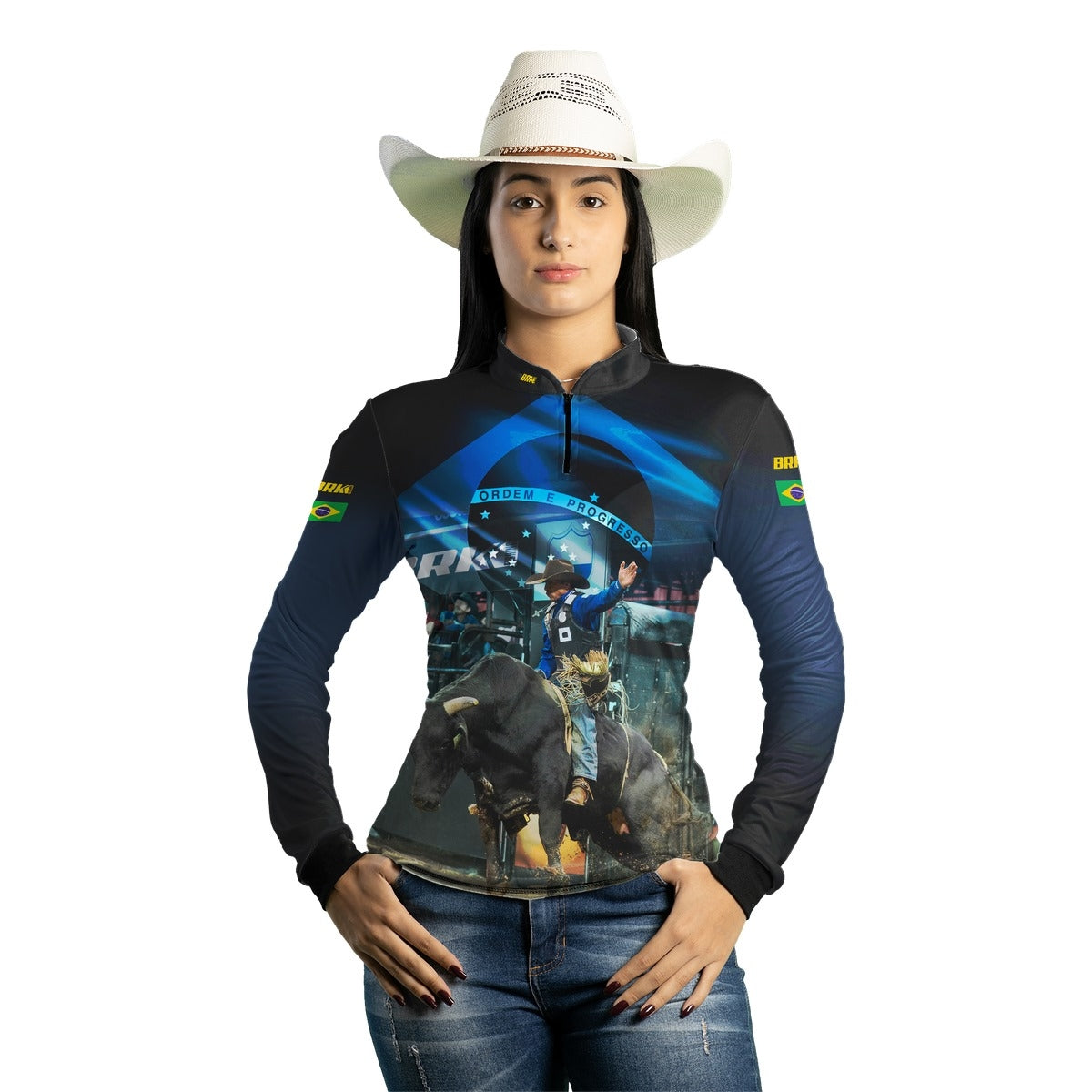 Camisa Agro Feminina Brk Rodeio Brasil Azul com Proteção Solar UV50+ - Brk Agro