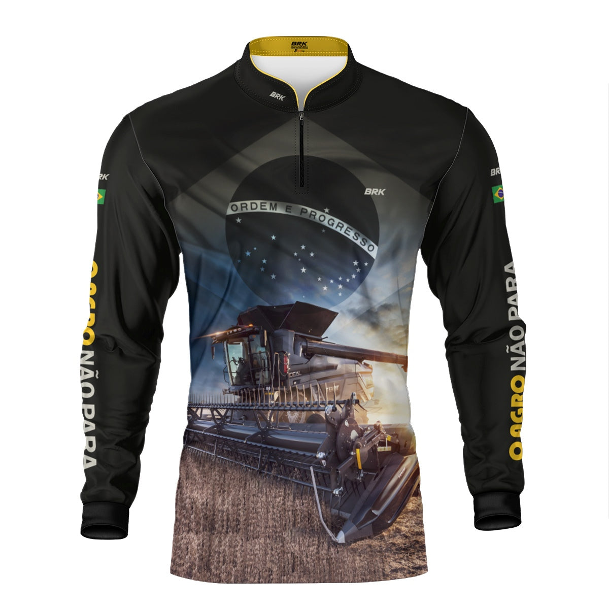 Camisa Agro Brk Preta Colheitadeira Bandeira do Brasil com Proteção Solar UV50+