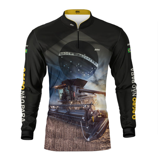 Camisa Agro Brk Preta Colheitadeira Bandeira do Brasil com Proteção Solar UV50+