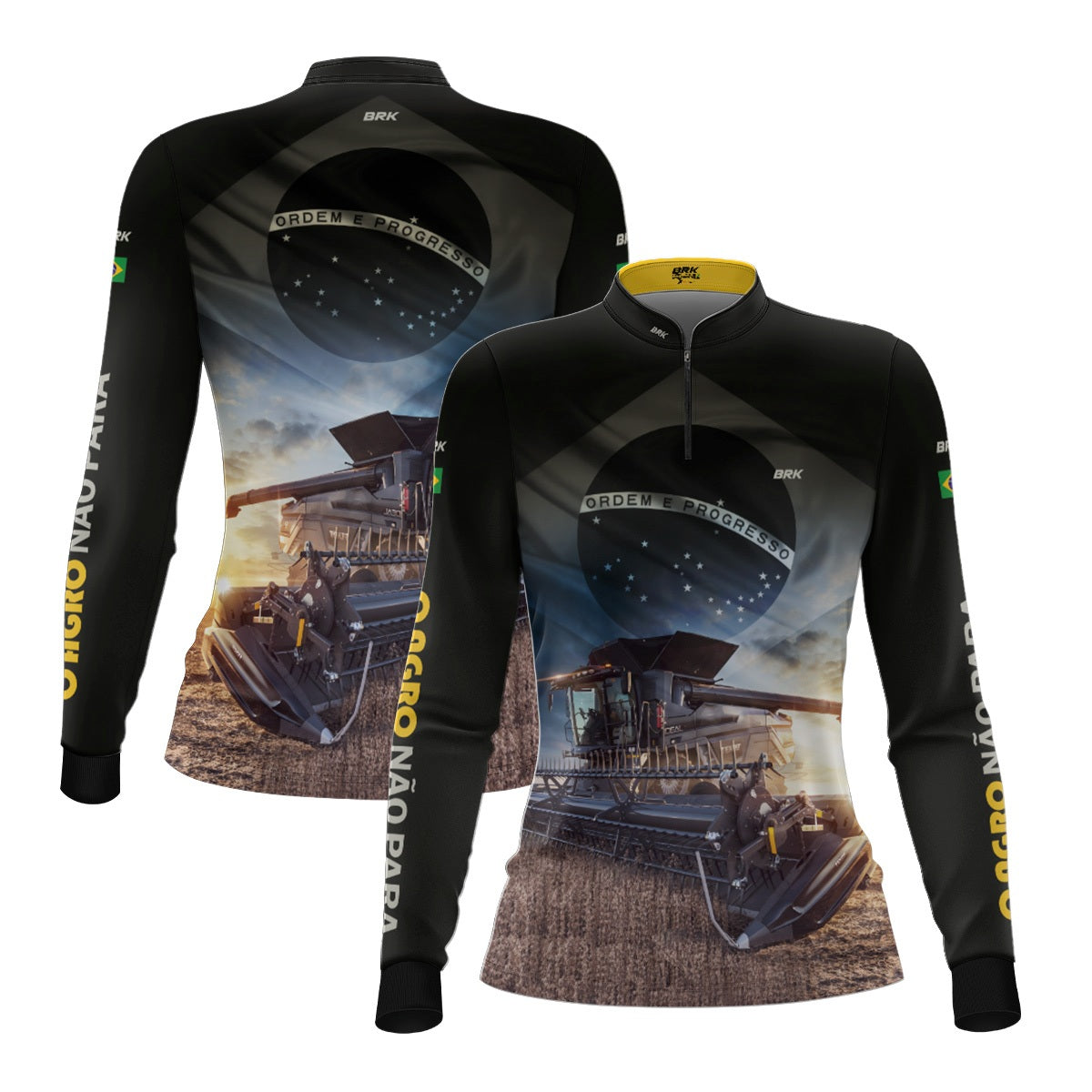 Camisa Agro Feminina Brk Preta Colheitadeira Bandeira do Brasil com Proteção Solar UV50+ - Brk Agro