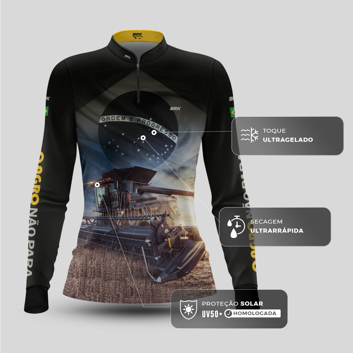 Camisa Agro Feminina Brk Preta Colheitadeira Bandeira do Brasil com Proteção Solar UV50+ - Brk Agro