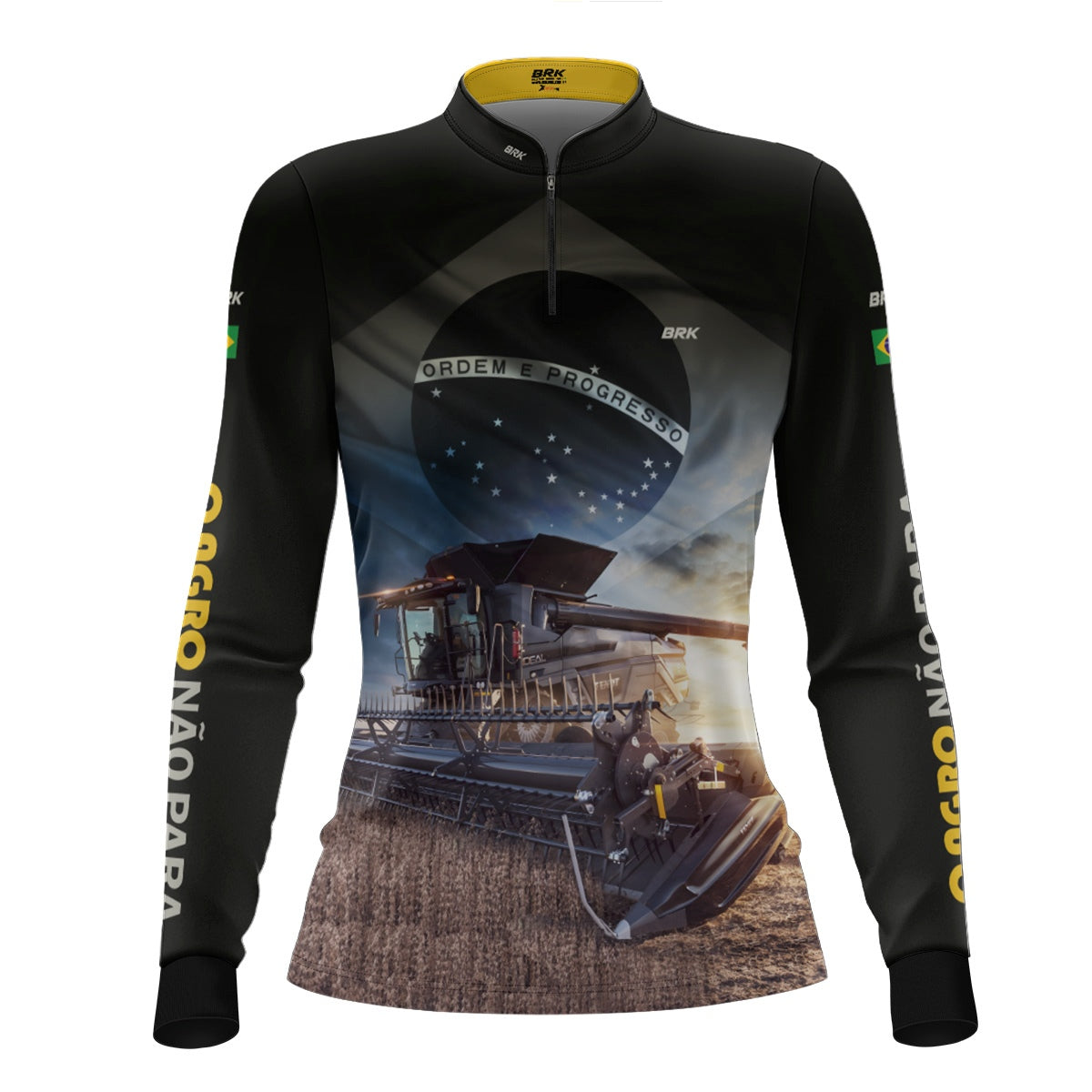 Camisa Agro Feminina Brk Preta Colheitadeira Bandeira do Brasil com Proteção Solar UV50+ - Brk Agro