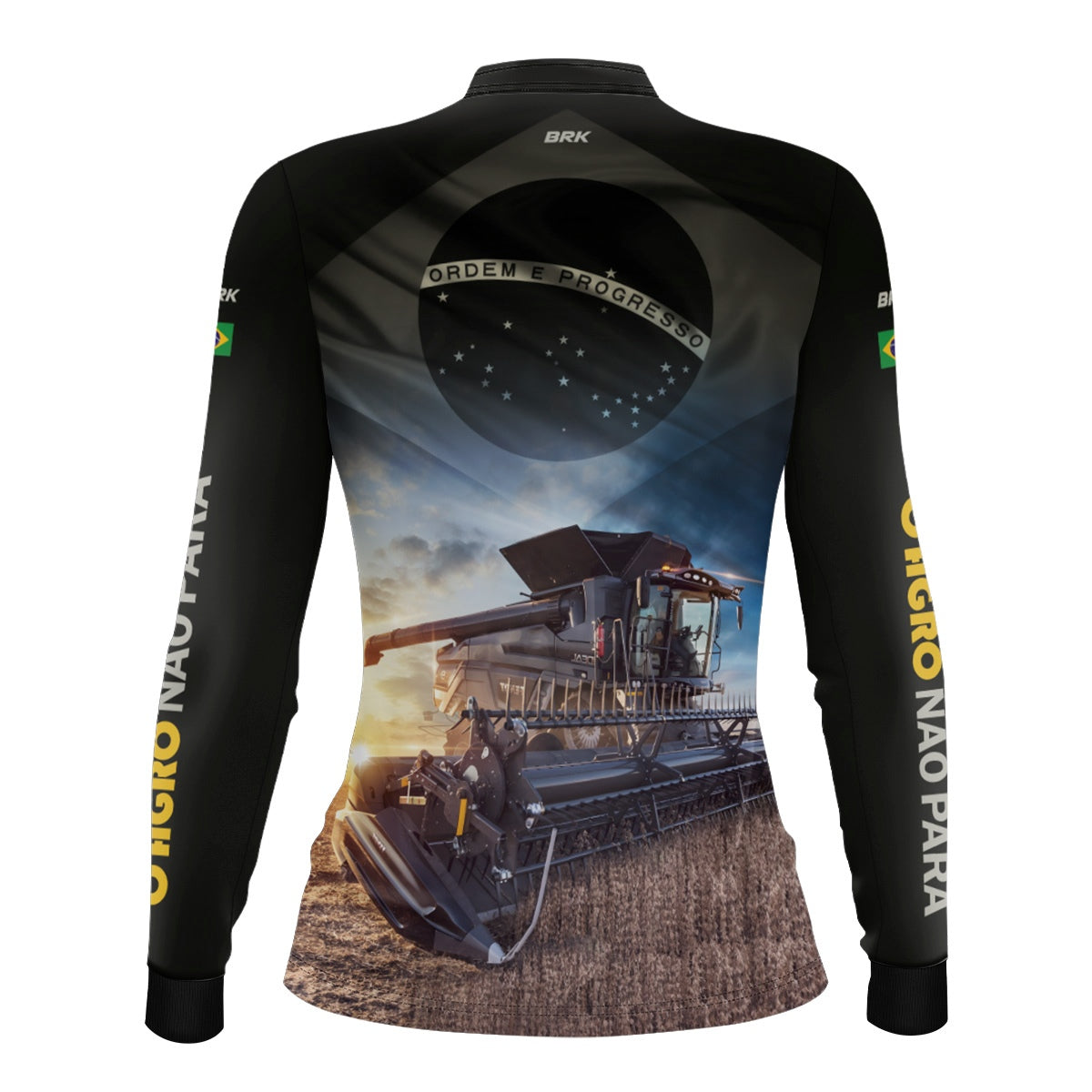 Camisa Agro Feminina Brk Preta Colheitadeira Bandeira do Brasil com Proteção Solar UV50+ - Brk Agro