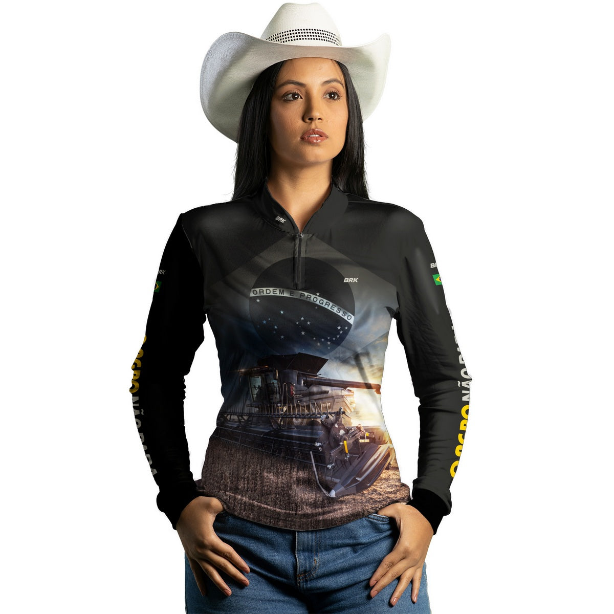 Camisa Agro Feminina Brk Preta Colheitadeira Bandeira do Brasil com Proteção Solar UV50+ - Brk Agro