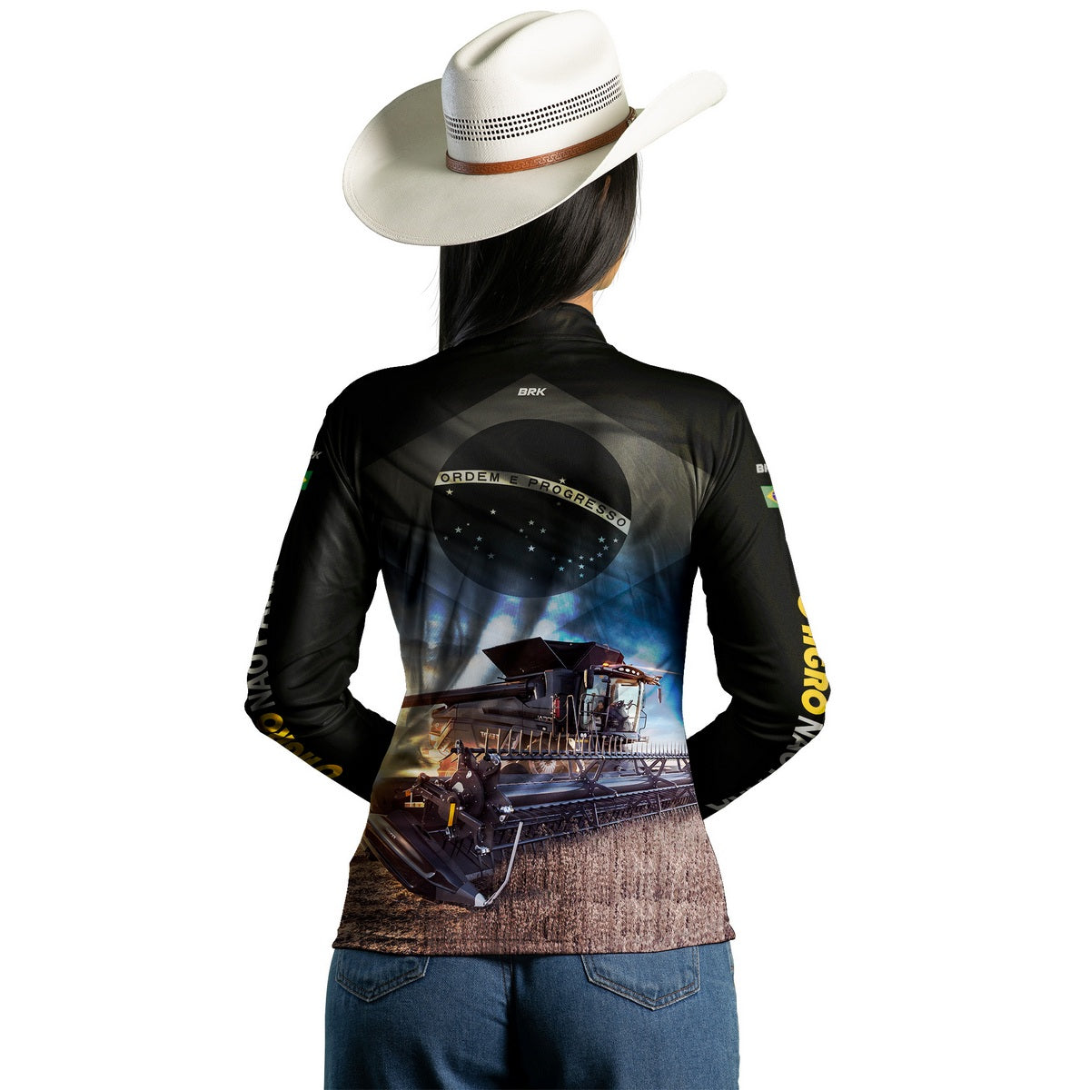 Camisa Agro Feminina Brk Preta Colheitadeira Bandeira do Brasil com Proteção Solar UV50+ - Brk Agro