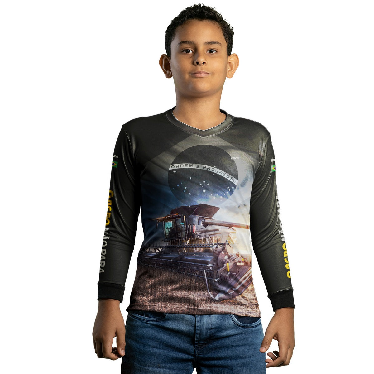 Camisa Agro Brk Preta Colheitadeira Bandeira do Brasil com Proteção Solar UV50+