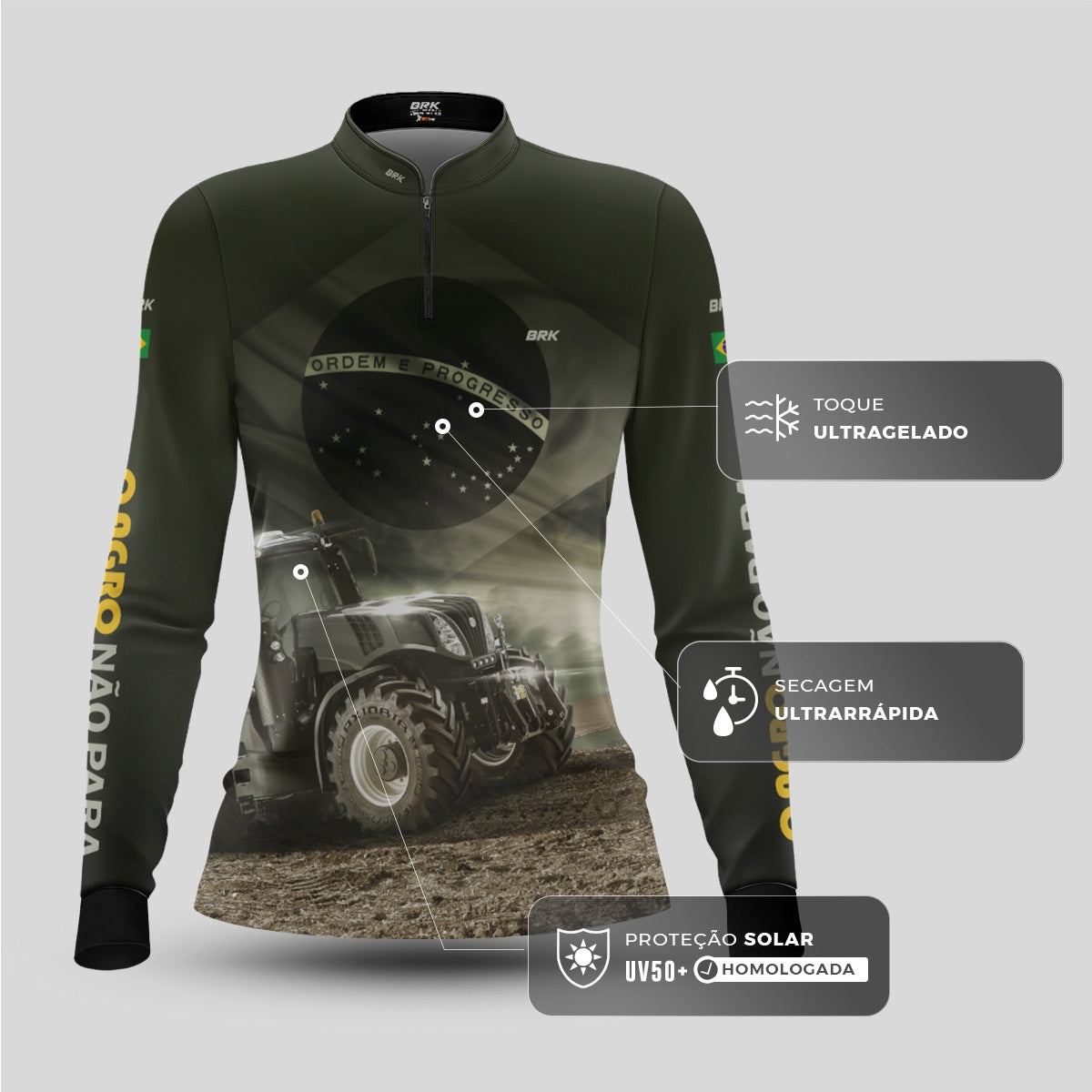 Camisa Agro Feminina Brk Trator Bandeira do Brasil com Proteção Solar UV50+ - Brk Agro