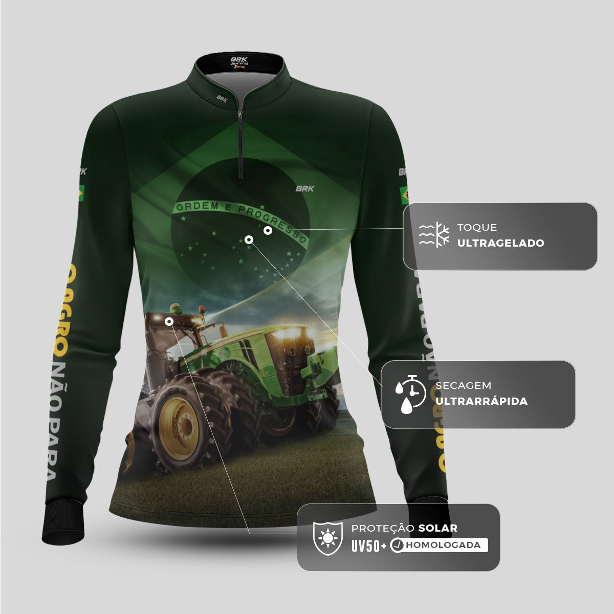 Camisa Agro Feminina Brk Verde Trator Bandeira do Brasil com Proteção Solar UV50+ - Brk Agro