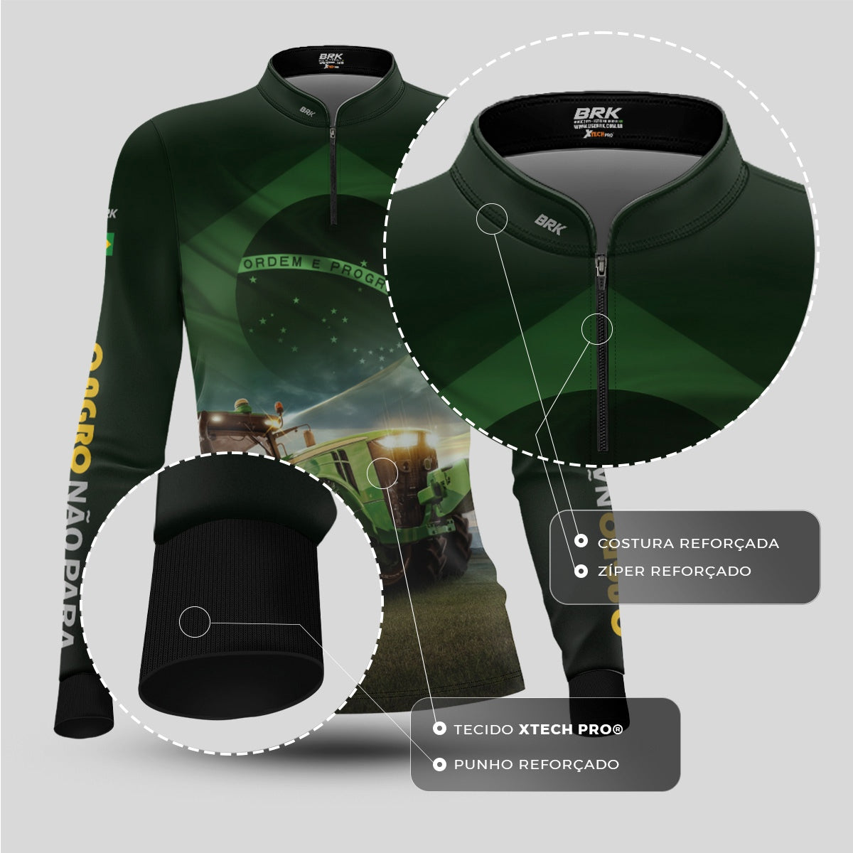 Camisa Agro Feminina Brk Verde Trator Bandeira do Brasil com Proteção Solar UV50+ - Brk Agro