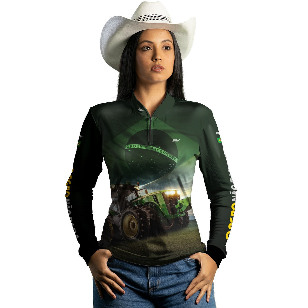 Camisa Agro Feminina Brk Verde Trator Bandeira do Brasil com Proteção Solar UV50+ - Brk Agro