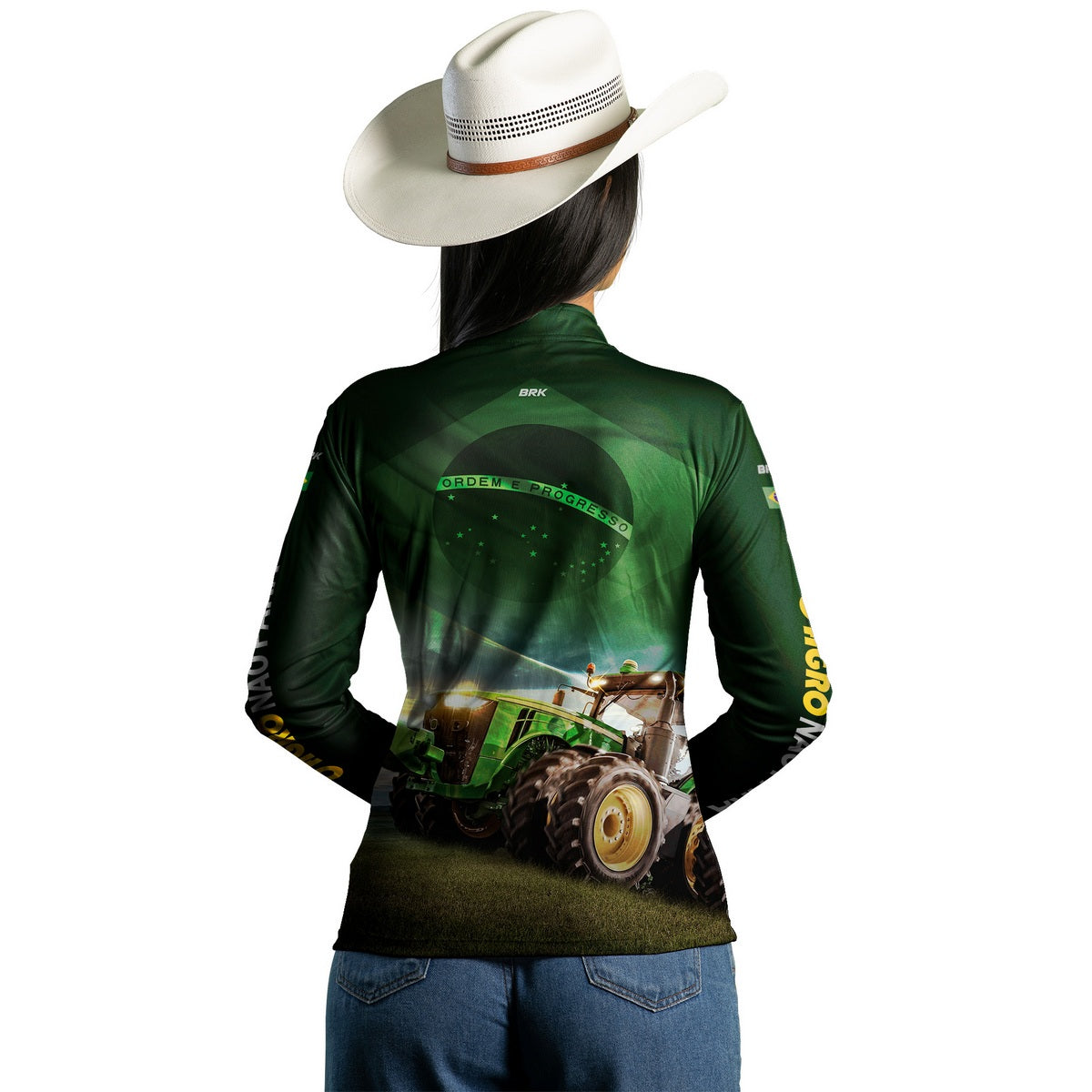 Camisa Agro Feminina Brk Verde Trator Bandeira do Brasil com Proteção Solar UV50+ - Brk Agro