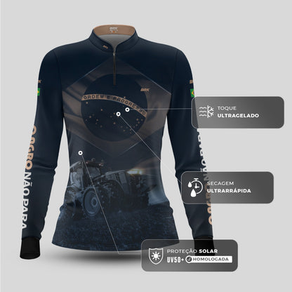 Camisa Agro Feminina Brk Azul Trator Bandeira do Brasil com Proteção Solar UV50+ - Brk Agro