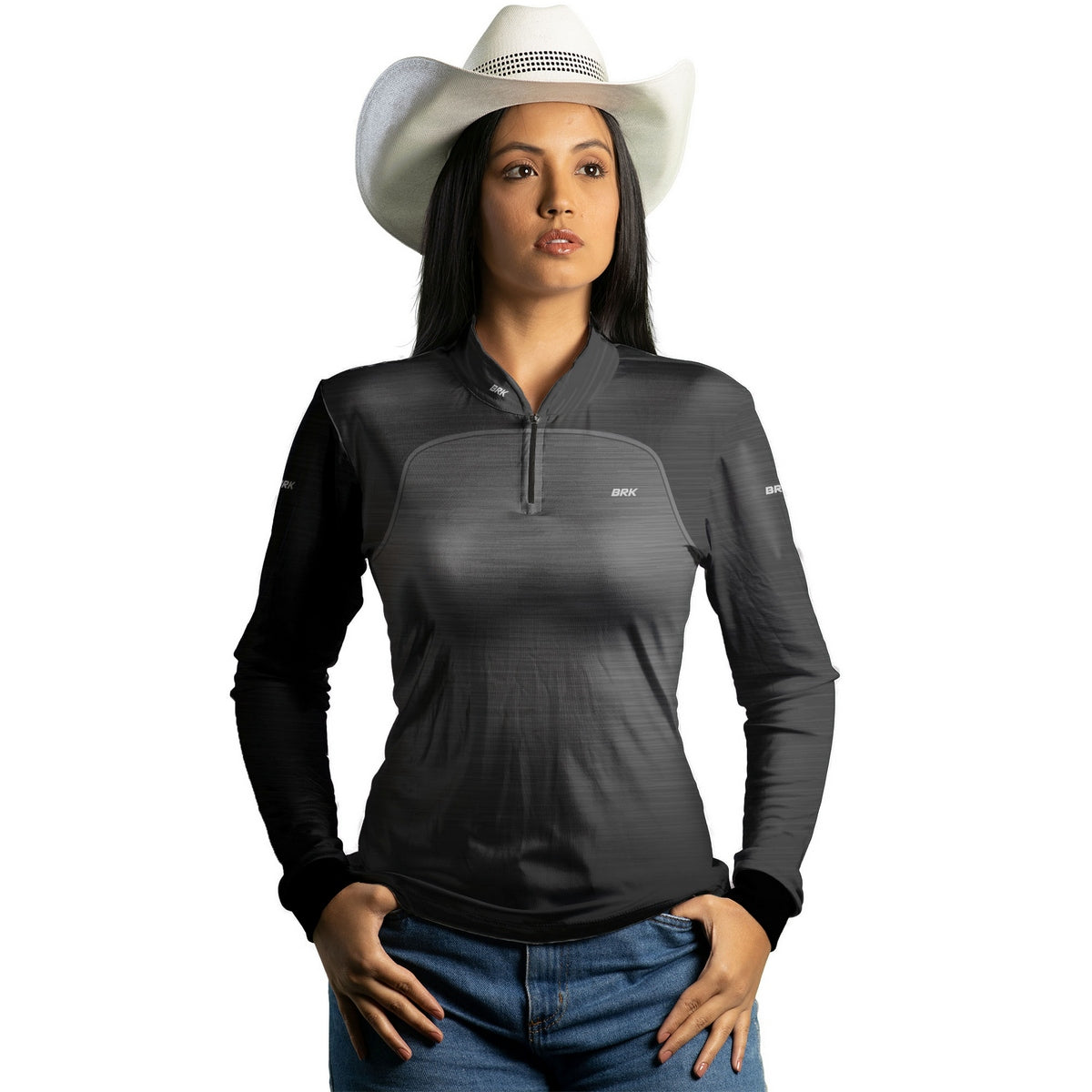 Camisa Agro Feminina Brk Mescla Preto Cinza com Proteção Solar UV50+ - Brk Agro