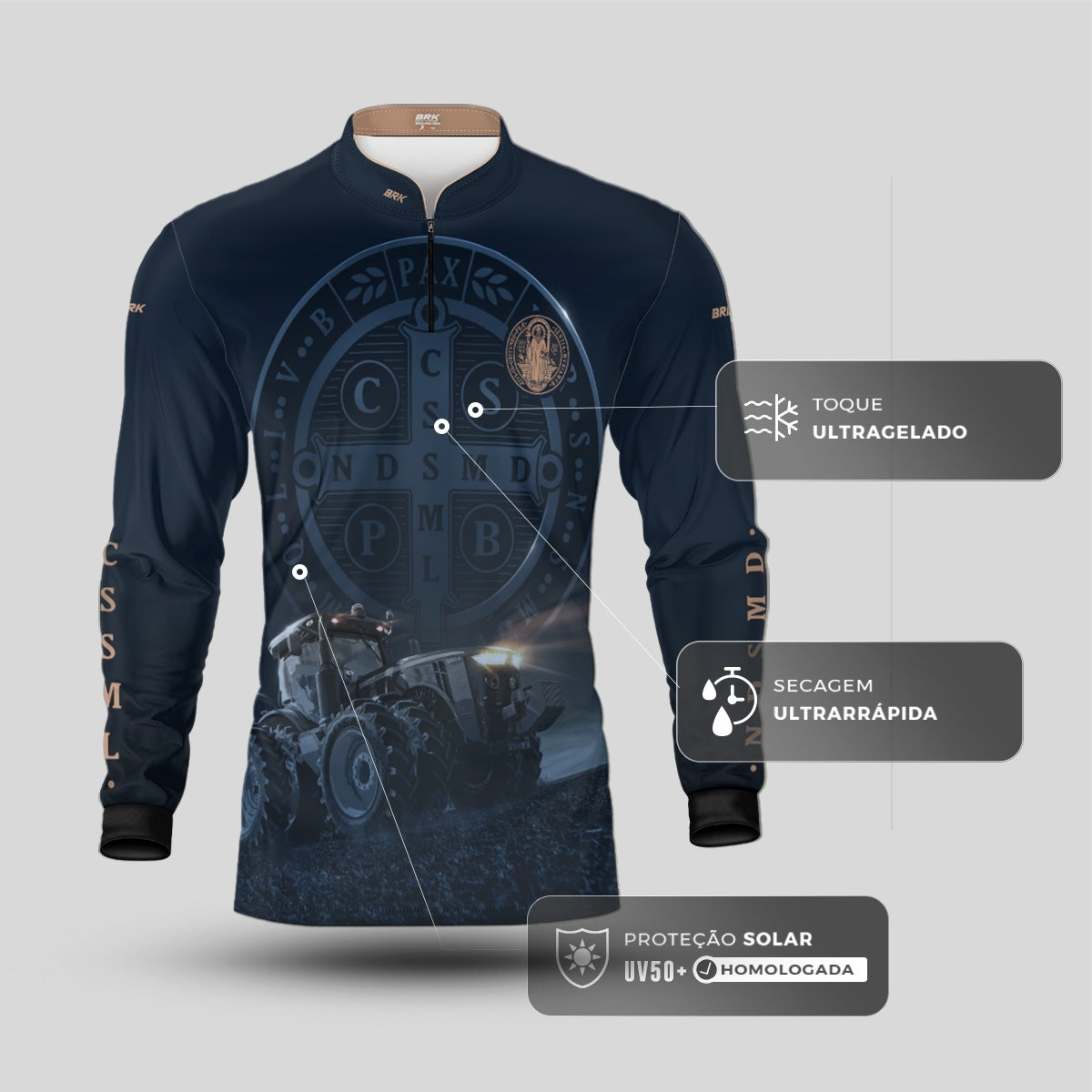 Camisa Agro Brk Azul Trator e São Bento com Proteção UV50  - Envio Imediato - Brk Agro