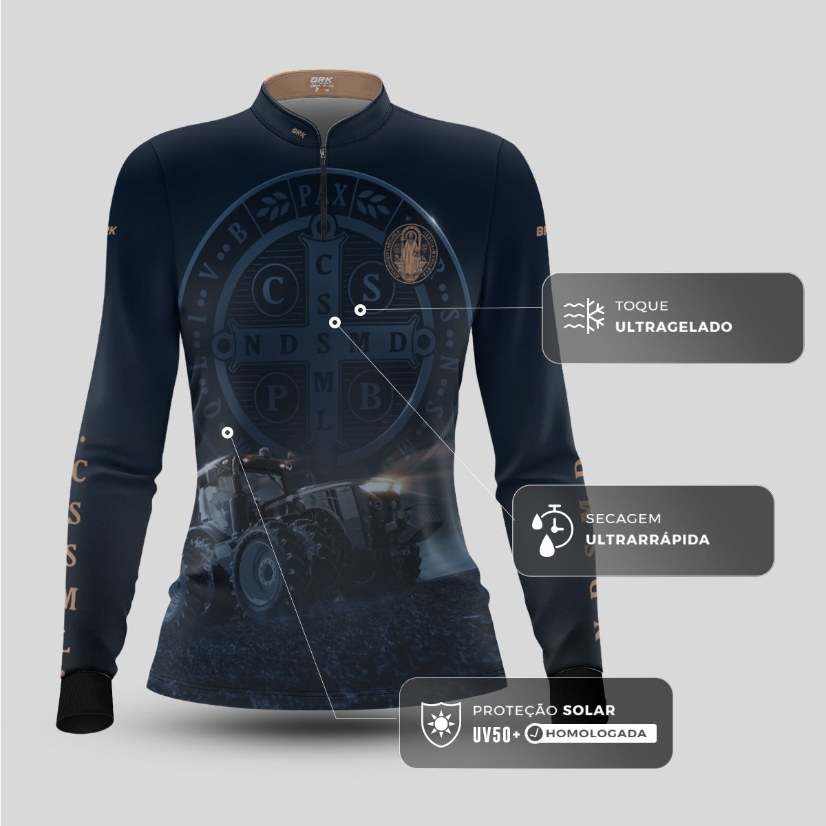 Camisa Agro Feminina Brk Azul Trator e São Bento com Proteção UV50+ - Brk Agro