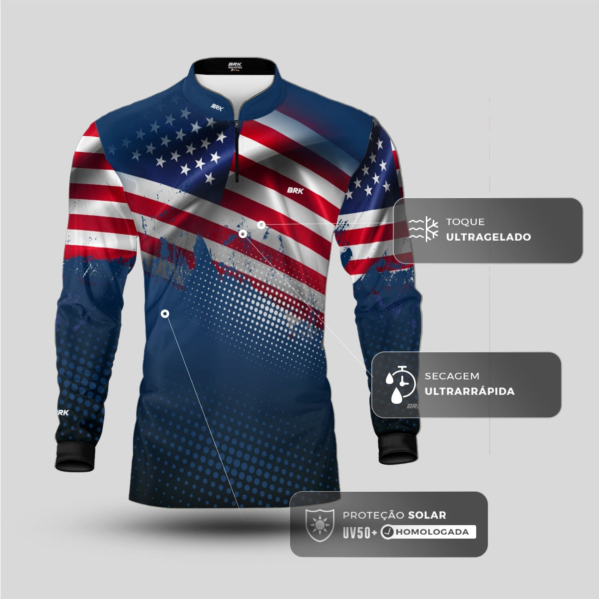 Camisa de Pesca Brk Bandeira dos Estados Unidos com Proteção UV50 - Envio Imediato - Brk Agro