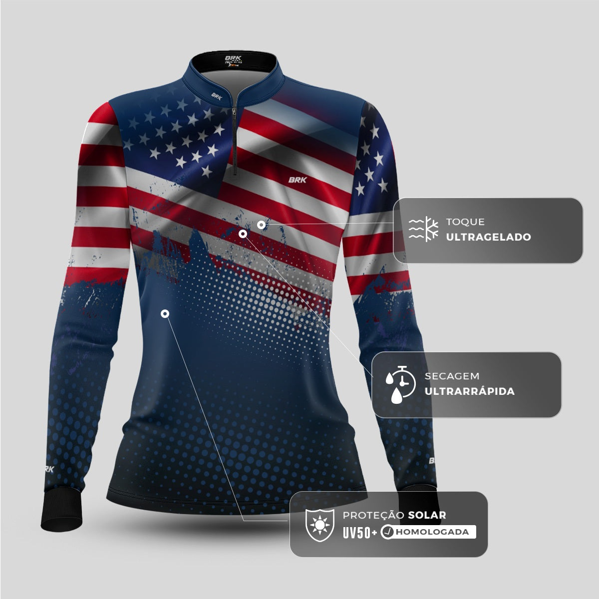 Camisa de Pesca Feminina Brk Bandeira EUA com Proteção UV50+ - Brk Agro