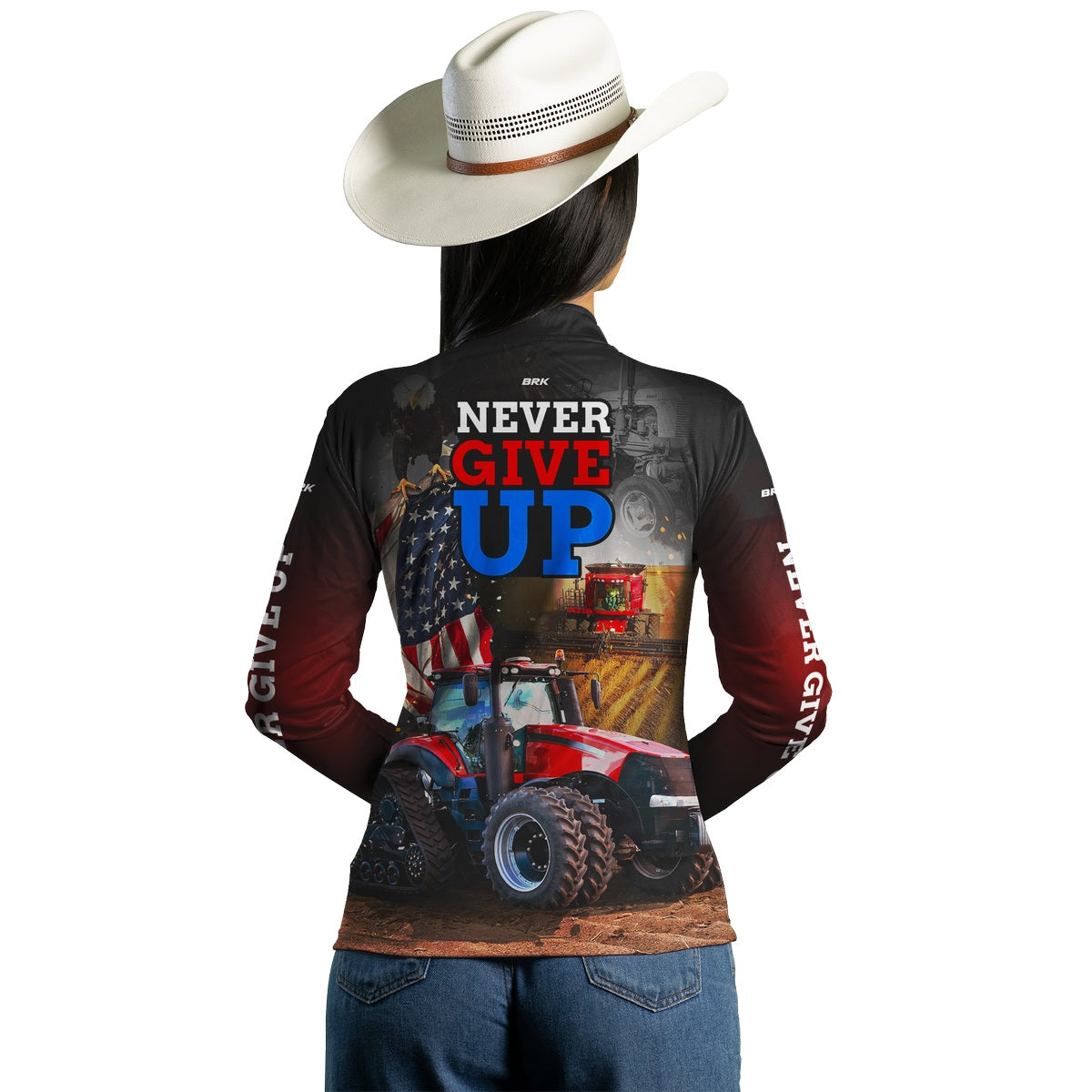 Camisa Agro Feminina Brk Vermelho EUA Never Give Up com UV50+ - Brk Agro