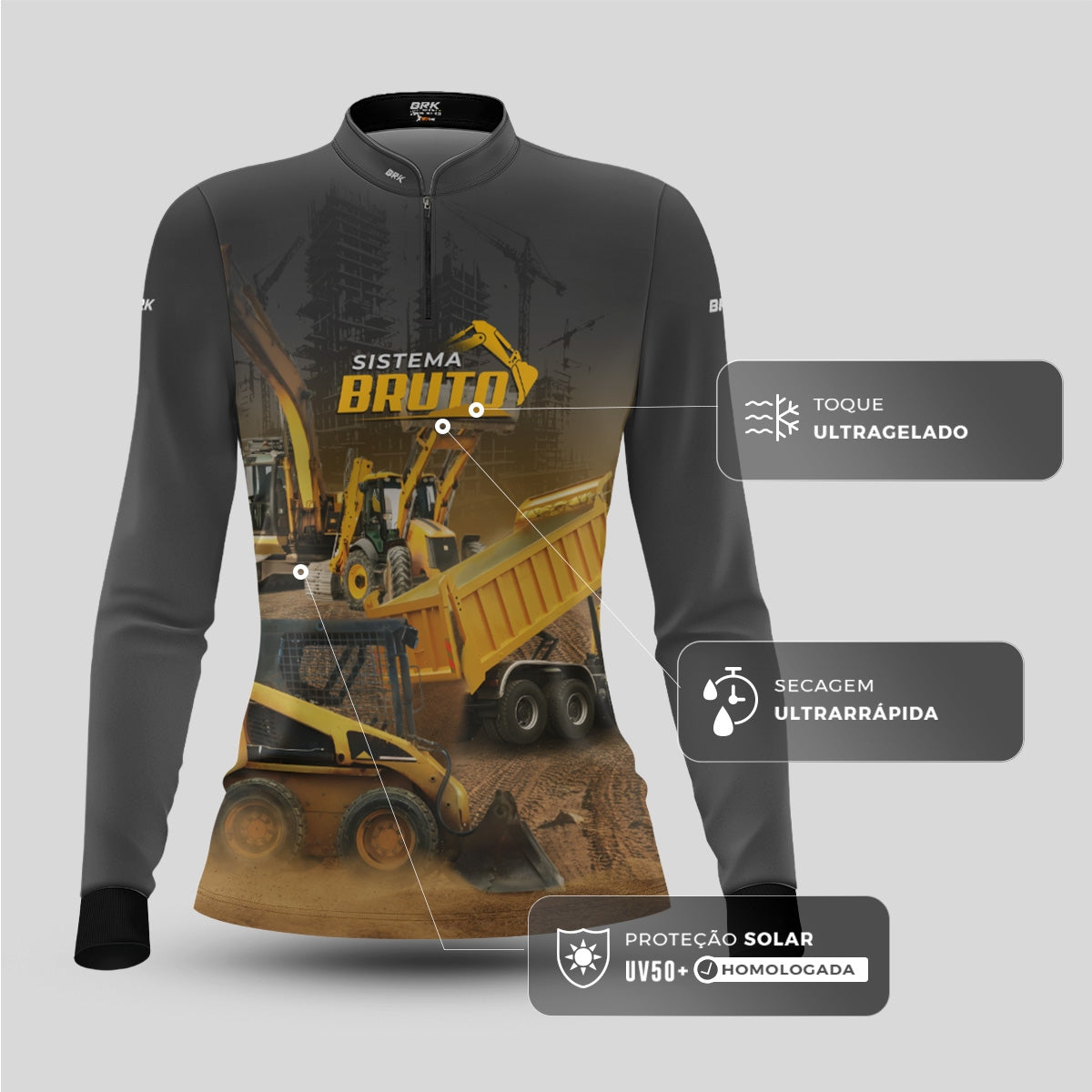 Camisa Máquina Pesada Feminina Brk Sistema Bruto Minicarregadeira com UV50+ - Brk Agro
