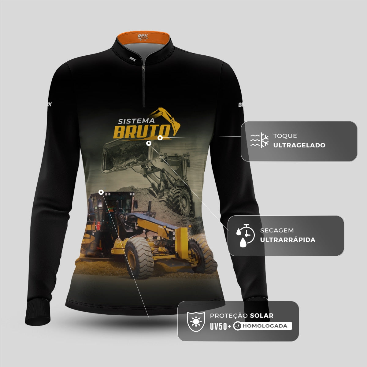 Camisa Máquina Pesada Feminina Brk Sistema Bruto Motoniveladora e Escavadeira com UV50+ - Brk Agro