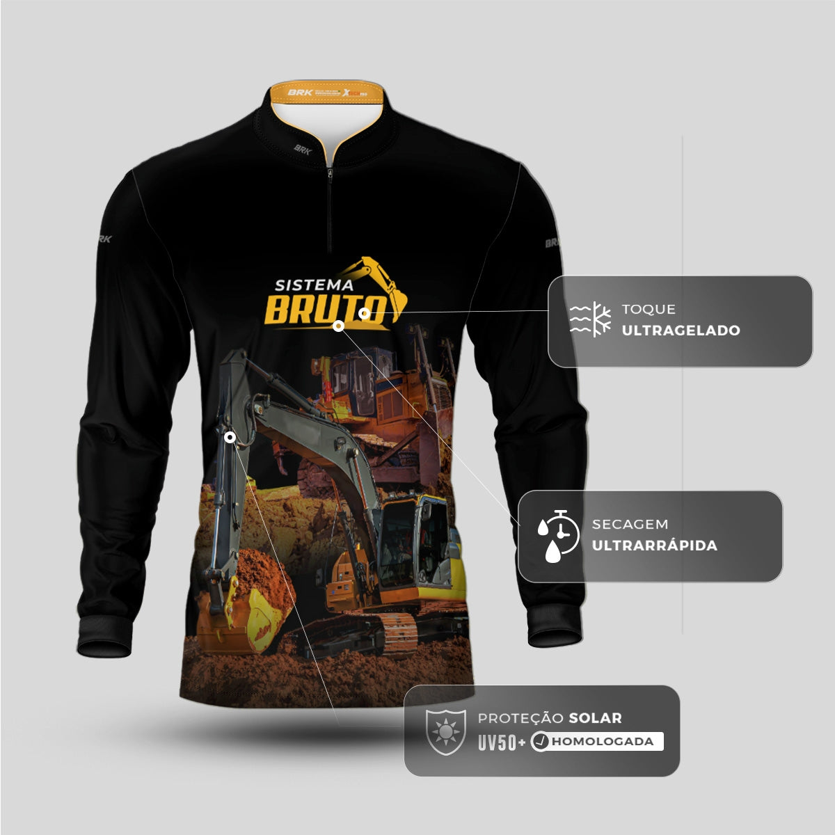 Camisa Máquina Pesada Brk Preta Sistema Bruto Escavadeira com UV50+ - Brk Agro