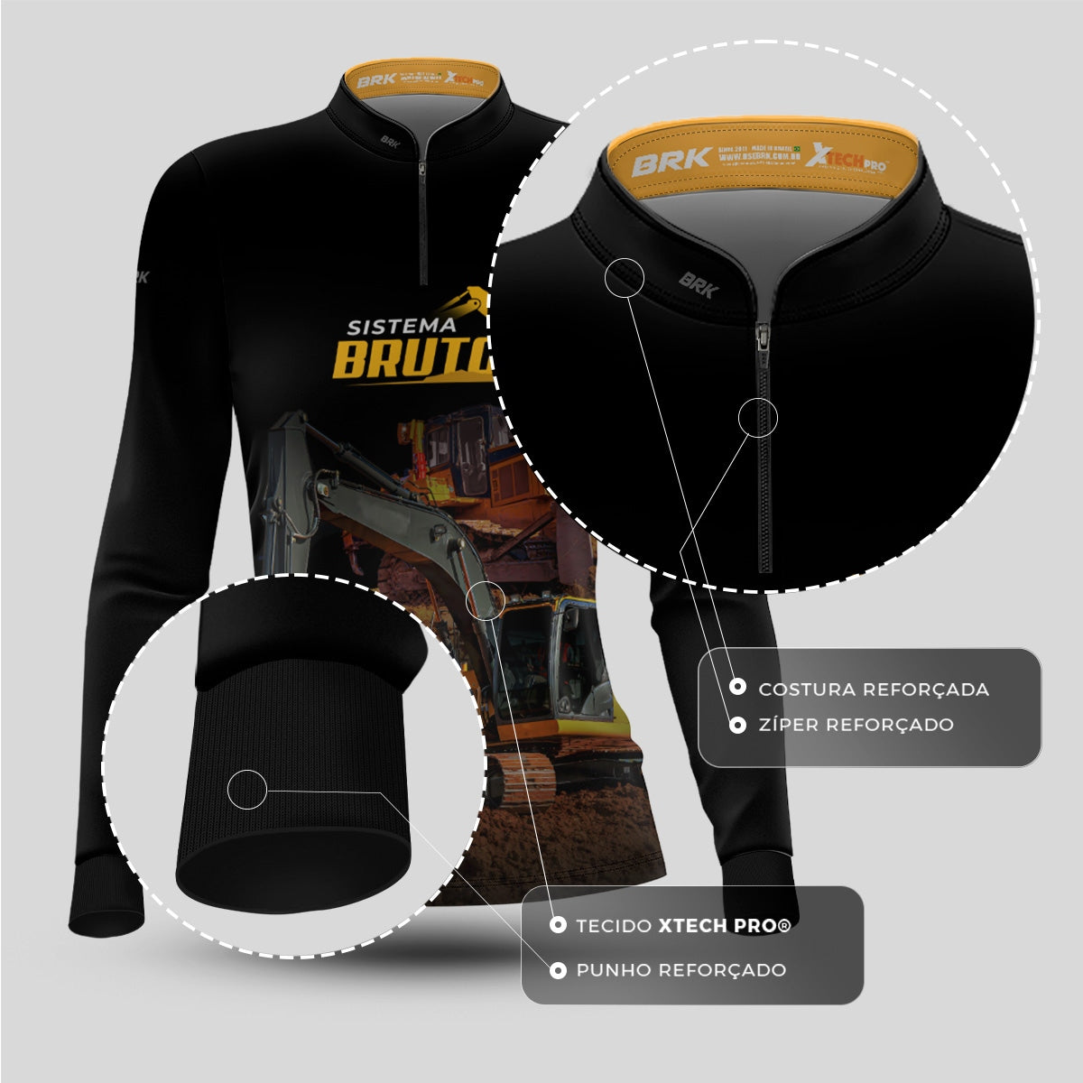 Camisa Máquina Pesada Feminina Brk Preta Sistema Bruto Escavadeira com UV50+ - Brk Agro