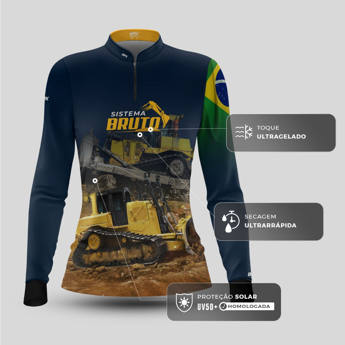 Camisa Máquina Pesada Feminina Brk Sistema Bruto Trator de Esteira com UV50+ - Brk Agro