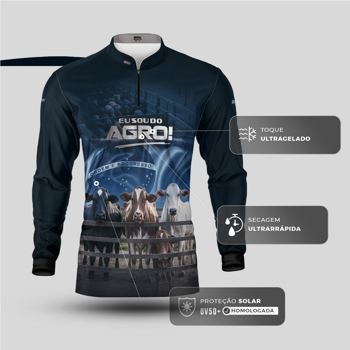 Camisa Agro Brk Azul Eu Sou do Agro Pecuária  com Proteção Solar UV50 - Envio Imediato - Brk Agro