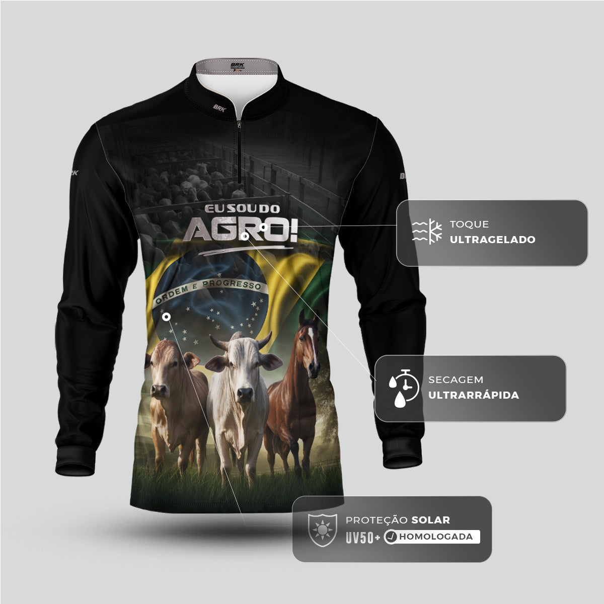 Camisa Agro Brk Preta Eu Sou do Agro Pecuária  com Proteção Solar UV50 - Envio Imediato - Brk Agro