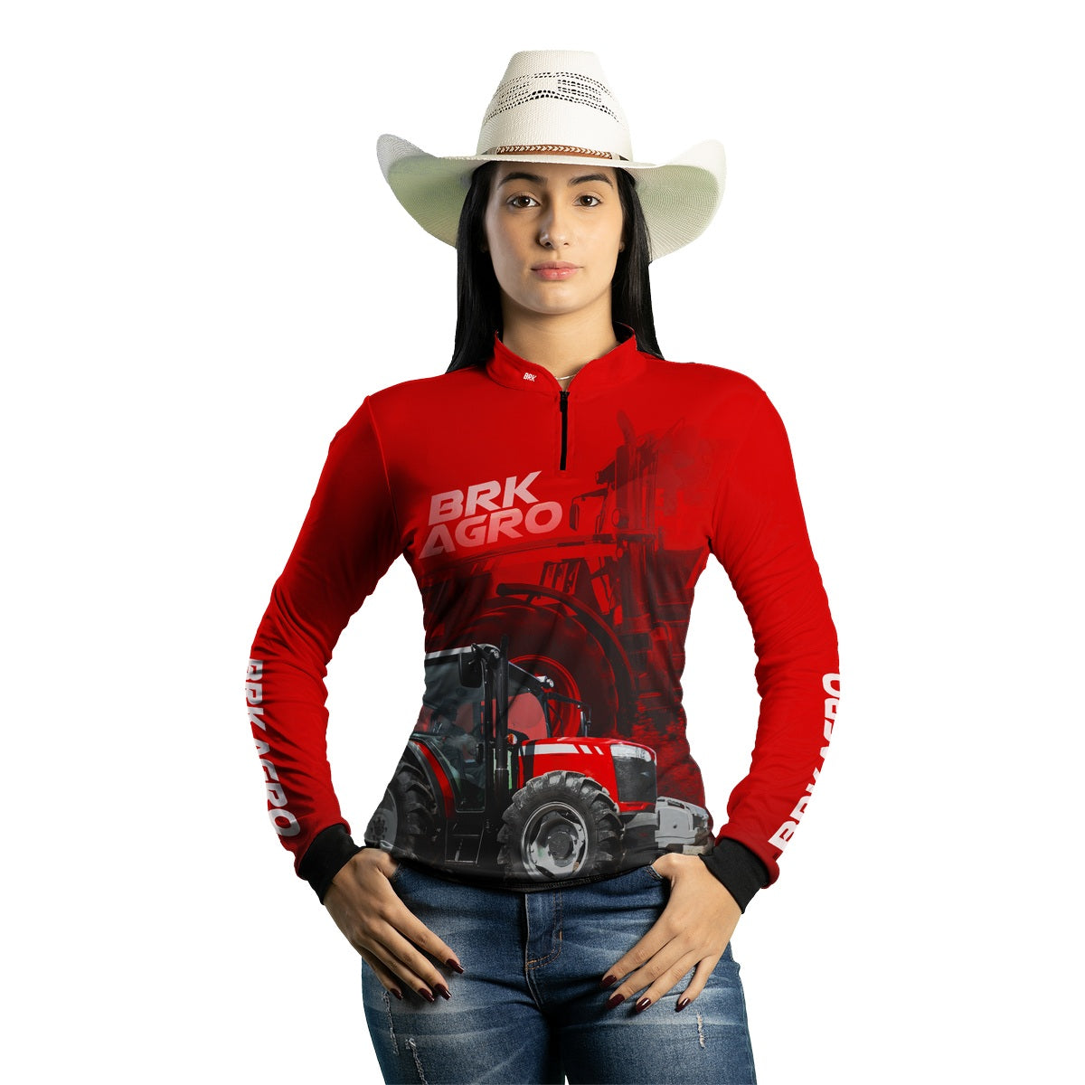 Camisa Agro Feminina Brk Trator MF 4707 Vermelho com Proteção Solar UV50+ - Brk Agro