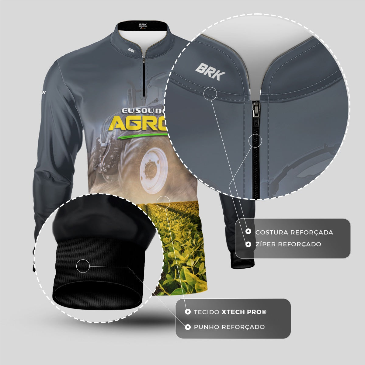 Camisa Agro Brk Eu Sou do Agro Colheita e Trator Cinza com Proteção UV50 - Envio Imediato - Brk Agro