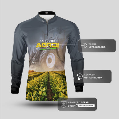 Camisa Agro Brk Eu Sou do Agro Colheita e Trator Cinza com Proteção UV50 - Envio Imediato - Brk Agro