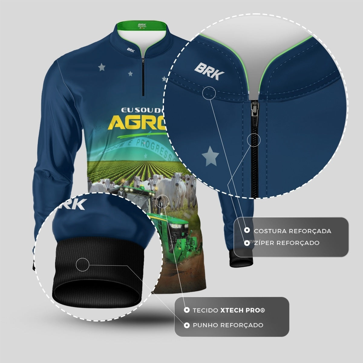 Camisa Agro Brk Eu Sou do Agro Trator e Nelore no Brasil com Proteção UV50 - Envio Imediato - Brk Agro