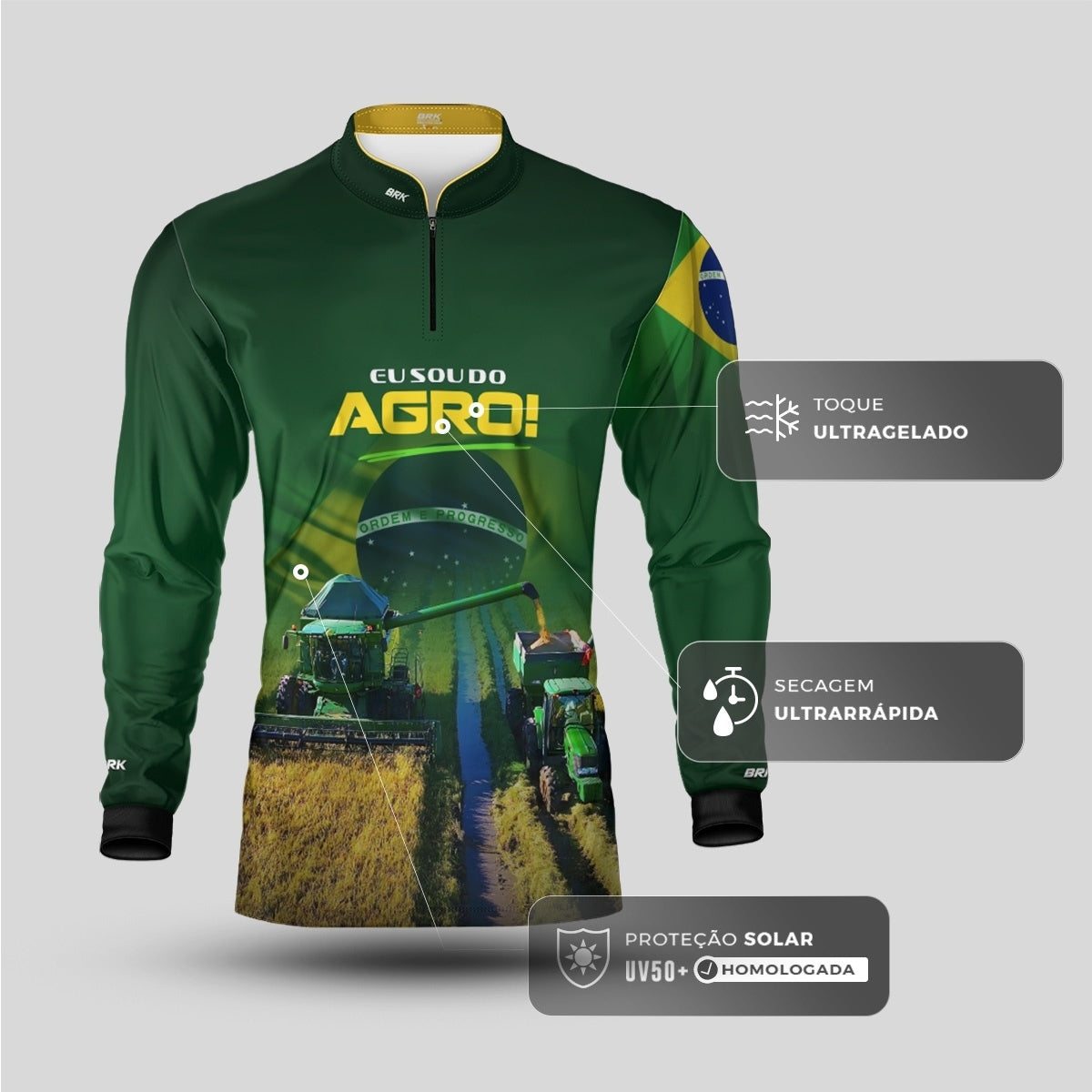 Camisa Agro Brk Verde Eu Sou do Agro Safra Verde e Amarela com Proteção UV50 - Envio Imediato - Brk Agro