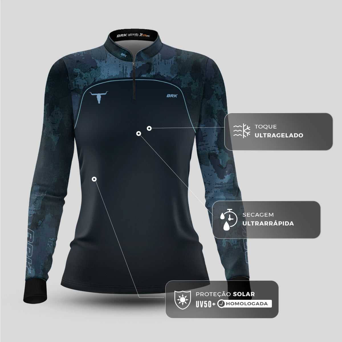 Camisa Agro Feminina Brk Camo Long Horn Brasil Azul com Proteção Solar UV50+ - Brk Agro