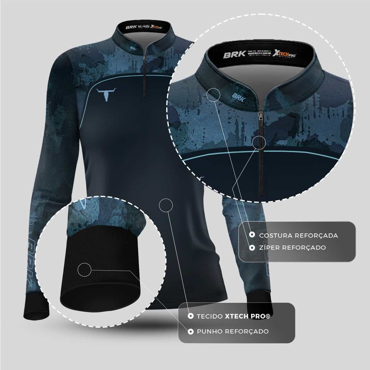 Camisa Agro Feminina Brk Camo Long Horn Brasil Azul com Proteção Solar UV50+ - Brk Agro