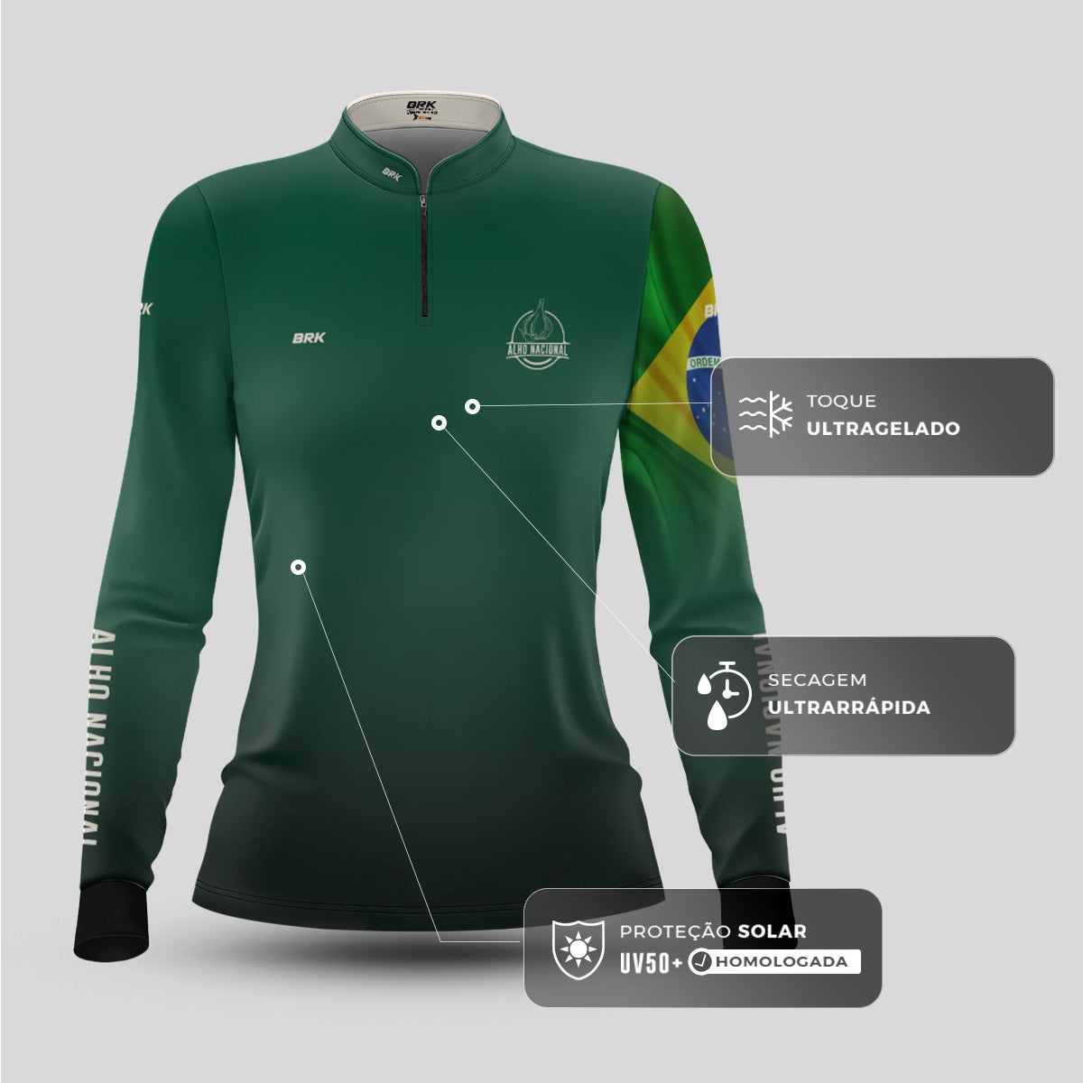 Camisa Agro Feminina Brk Alho Nacional Brasil com Proteção Solar UV50+ - Brk Agro