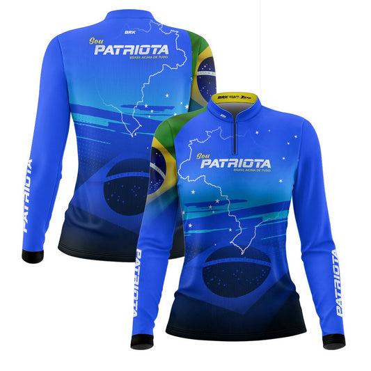 Camisa Agro Feminina Brk Básica Patriota Azul Bandeira do Brasil com Proteção UV50+
