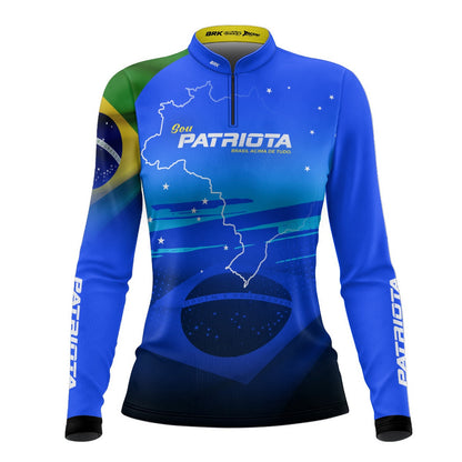 Camisa Agro Feminina Brk Básica Patriota Azul Bandeira do Brasil com Proteção UV50+