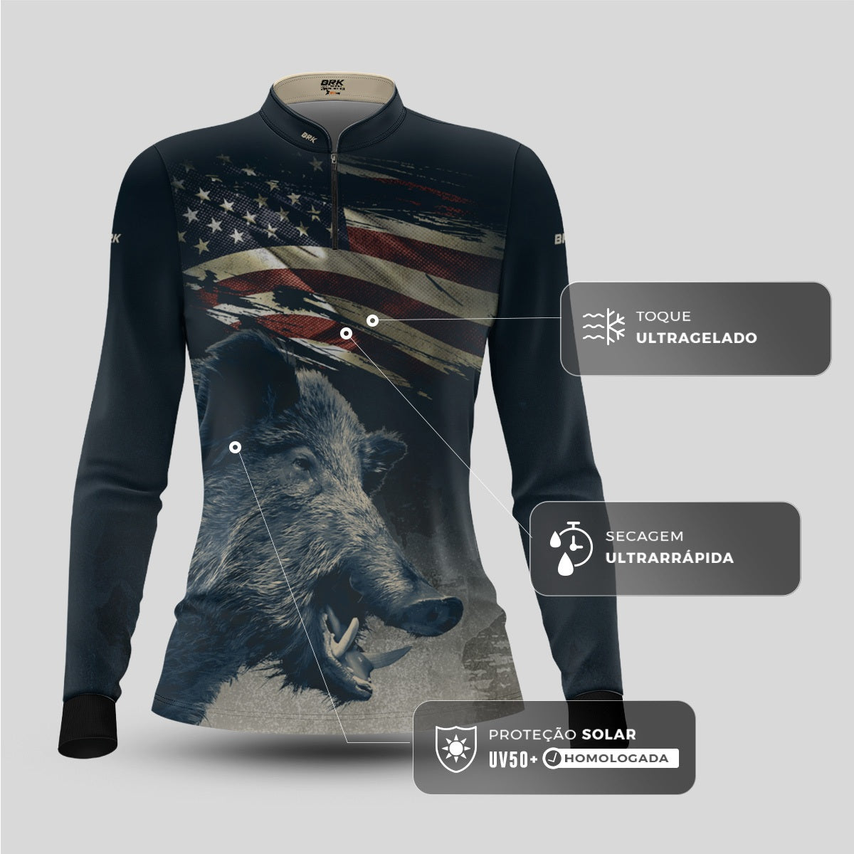Camisa Agro Feminina Brk Javali Bandeira EUA com Proteção UV50+ - Brk Agro