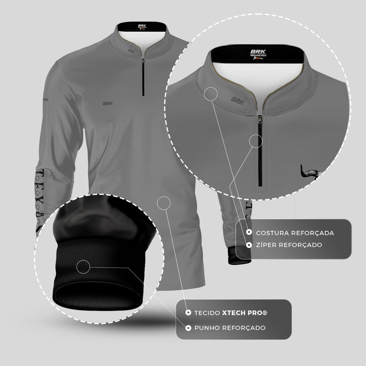 Camisa Agro Brk Clean Cinza Texas Longhorn com Proteção UV50+ - Brk Agro