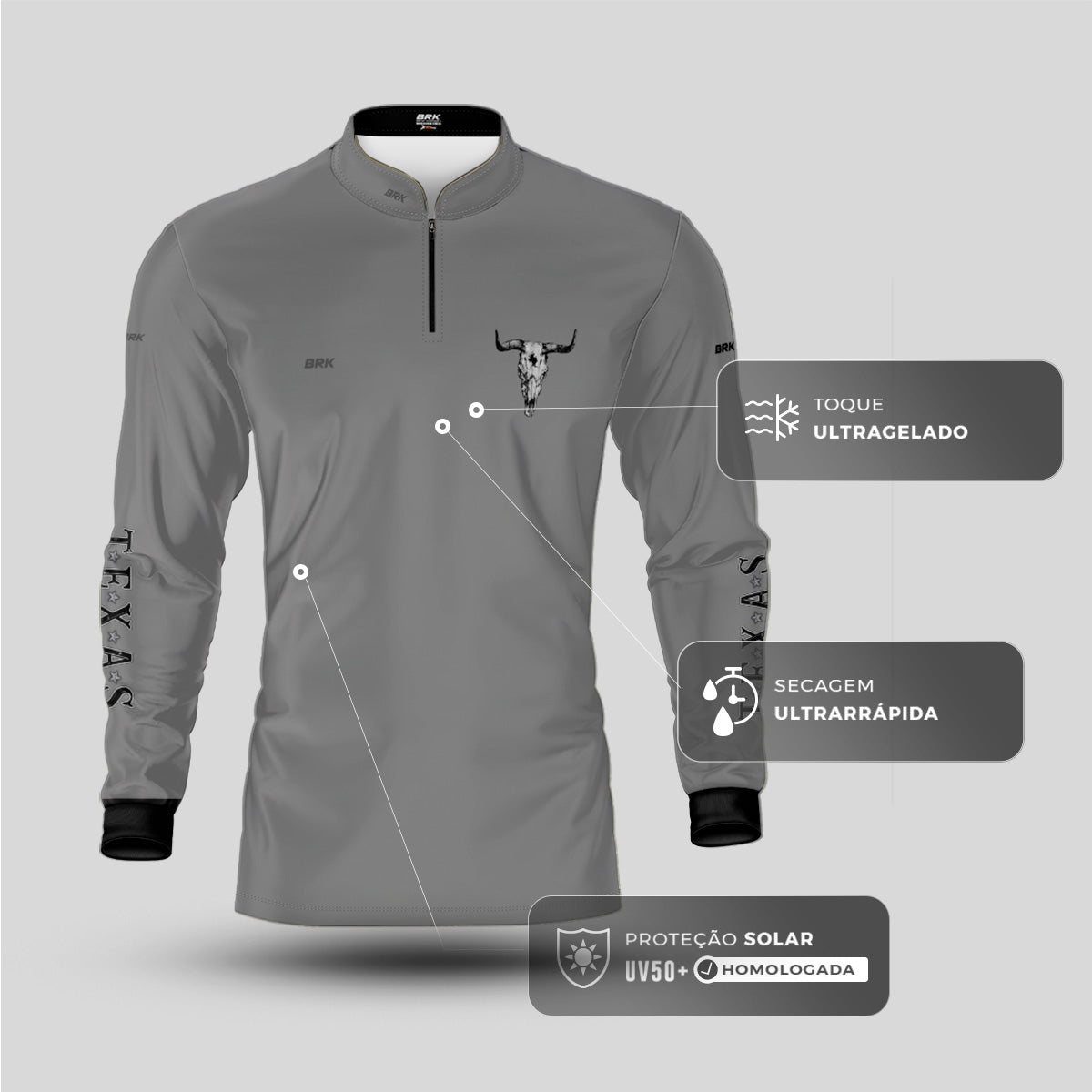 Camisa Agro Brk Clean Cinza Texas Longhorn com Proteção UV50+ - Brk Agro
