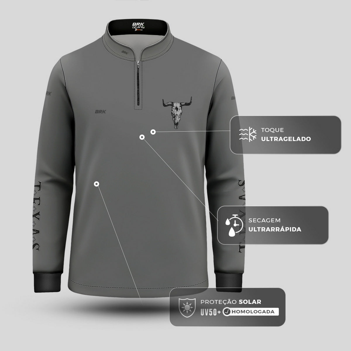 Camisa Agro Infantil Brk Clean Cinza Texas Longhorn com Proteção UV50+ - Brk Agro