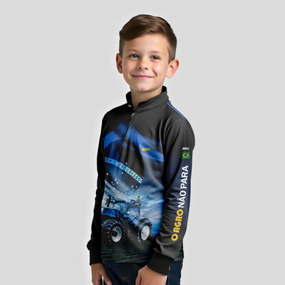 Camisa Agro Infantil Brk O Agro Não Para Azul Proteção Solar UV50+